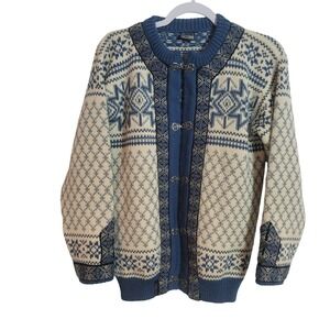 Dale of Norway Blue White Wool Fair Isle Cardigan Pewter Clasp Sweater Size 40 S